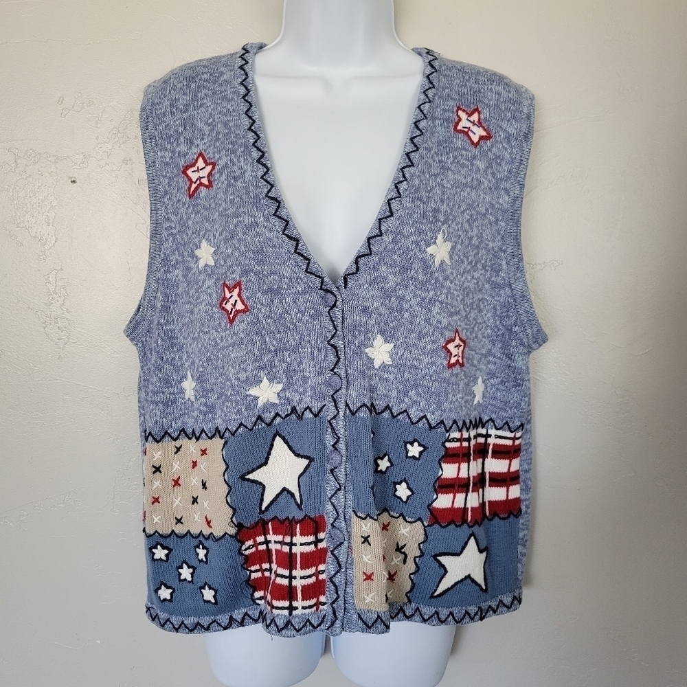 Bobbie Brooks Vintage XL Blue Knit Vest Stars Flag Red White Patriotic American